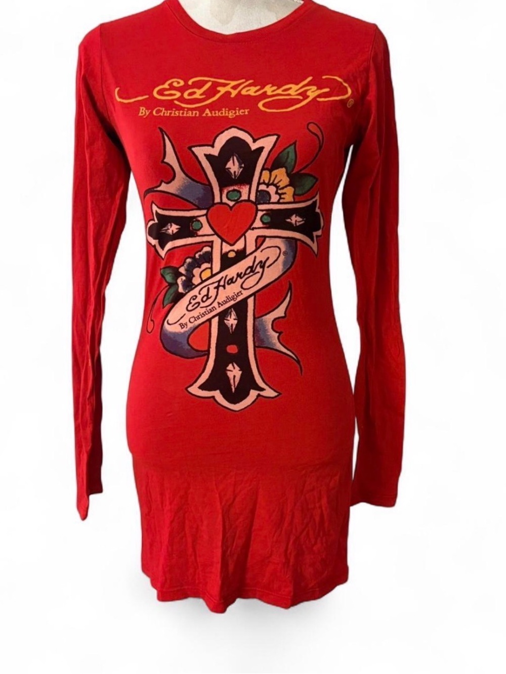 Vtg Y2K Ed Hardy Women Cross Heart Tattoo Christian Audigier Tunic Shirt Dress M